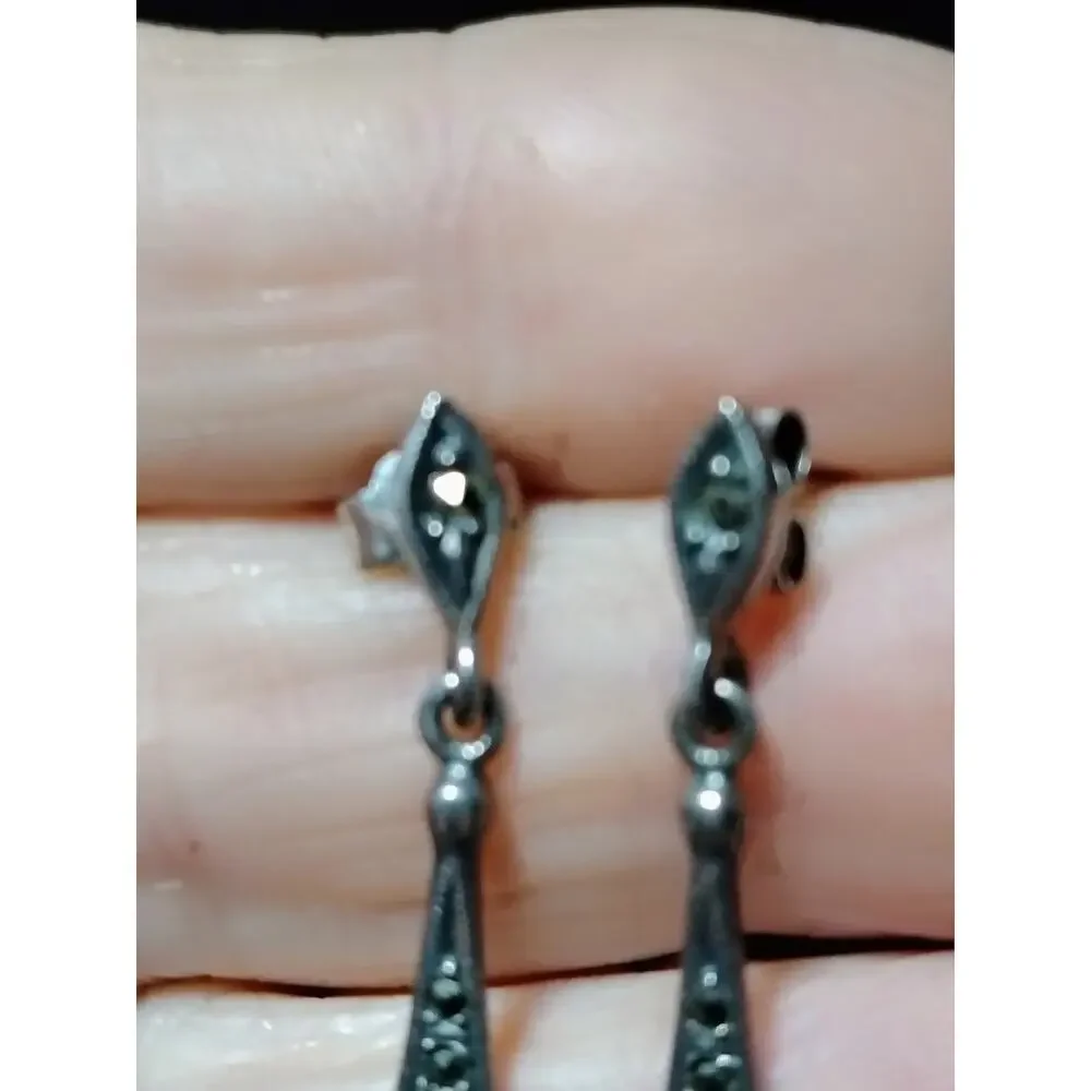 925 Silver Marcasite Black Heart Earrings